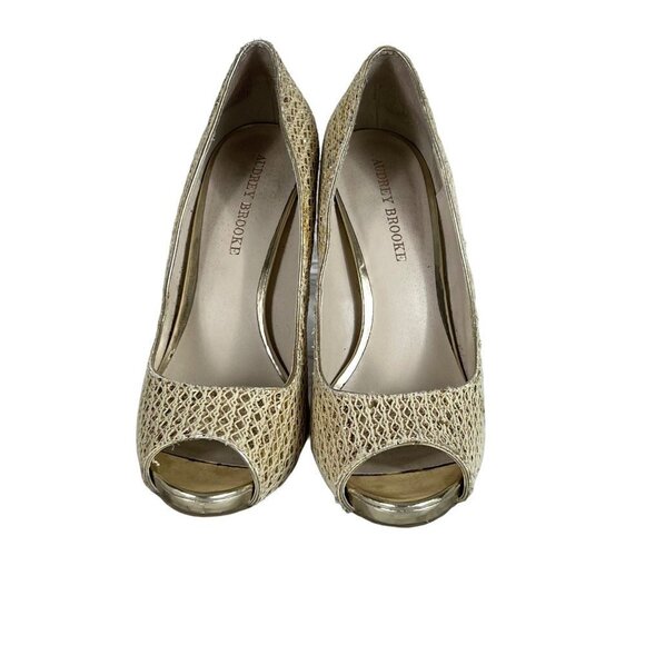 𝅺AUDREY Brook Peep Toe Heels Quillan Gold Cross Stitch size 9.5 - Picture 2 of 13